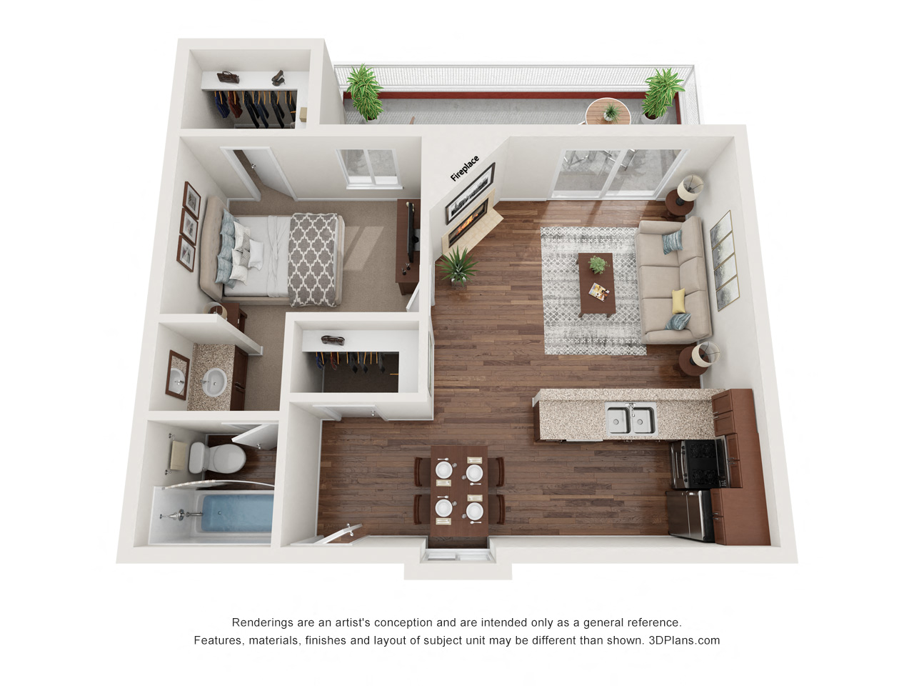 Floor plan for 1 bed, 1 bath, 710 sqft